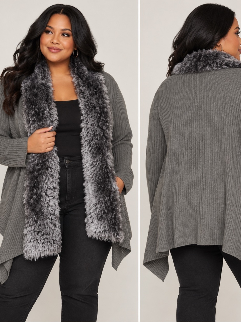 Lauren Michelle Taupe Knit Teddy Sweater with Faux Fur Trim
